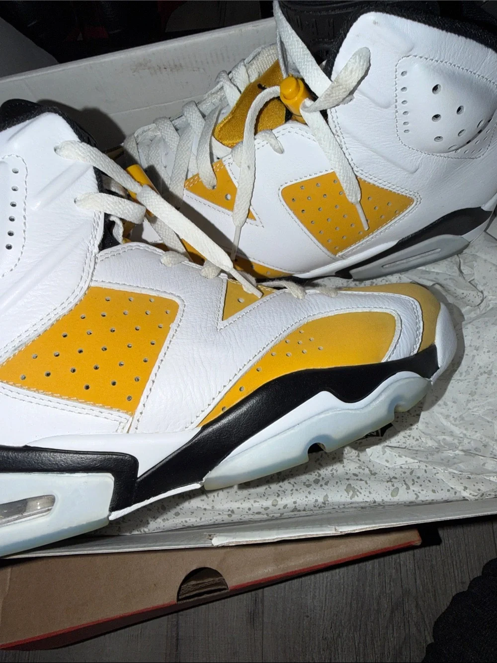 White & Yellow Jordan 6 Basketball Sneakers